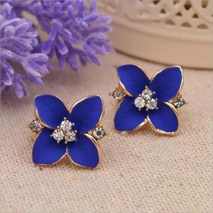 Blue Clover Petal Gold Flower Earrings